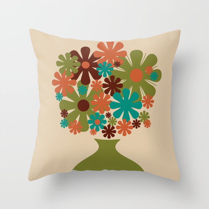 Bloom Retro Flowers in Vase 70s Avocado Green Throw Pillow Gallery Image 1