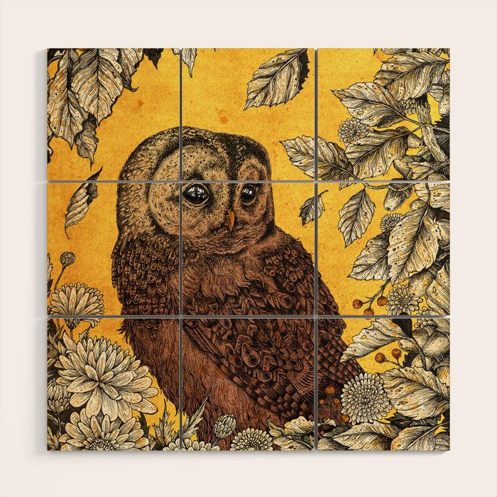 Tawny Owl Yellow Wood Wall Art Gallery Image 1