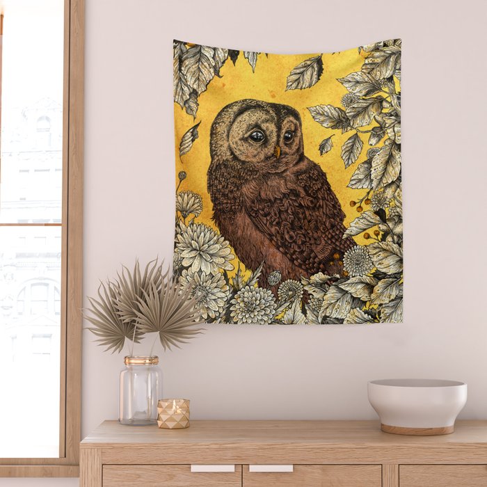Tawny Owl Yellow Wall Tapestry Gallery Image 2