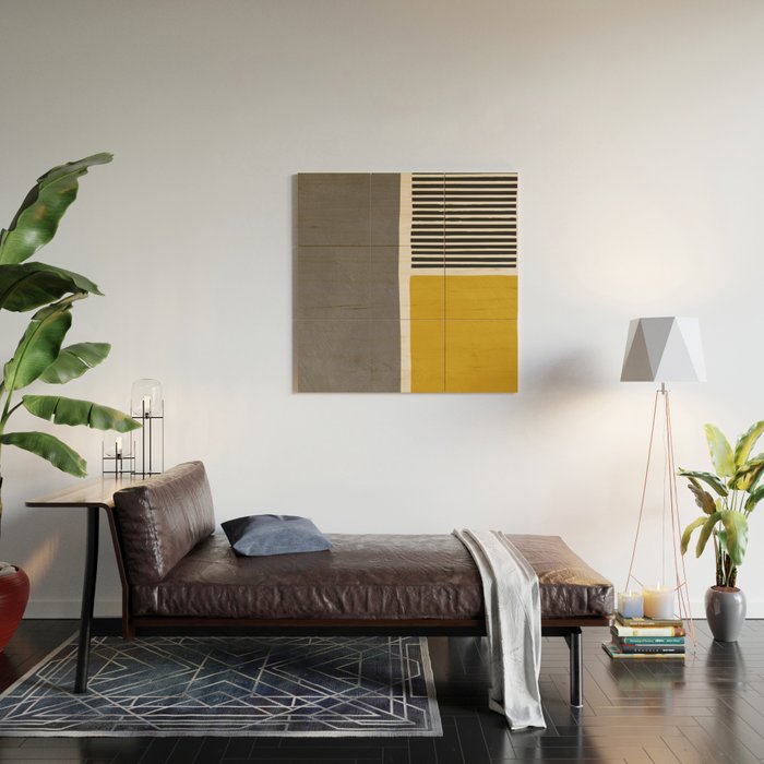 Mustard Gray and Black Lines Wood Wall Art Gallery Image 2