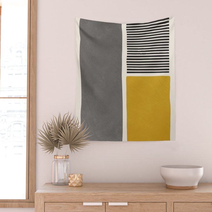 Mustard Gray and Black Lines Wall Tapestry Gallery Image 2