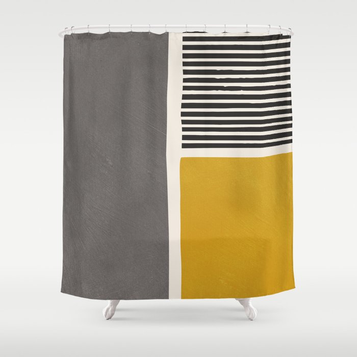 Mustard Gray and Black Lines Shower Curtain Gallery Image 1