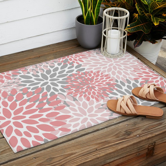 Modern, Flowers Print, Coral, Pink and Gray Outdoor Rug Gallery Image 2