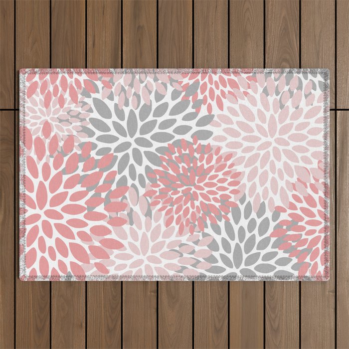 Modern, Flowers Print, Coral, Pink and Gray Outdoor Rug Gallery Image 1