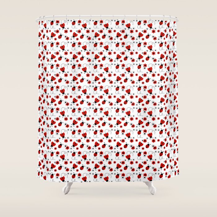 Red Ladybug Floral Pattern Shower Curtain Gallery Image 1