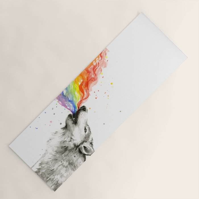 Wolf Howling Rainbow Watercolor Yoga Mat Gallery Image 1