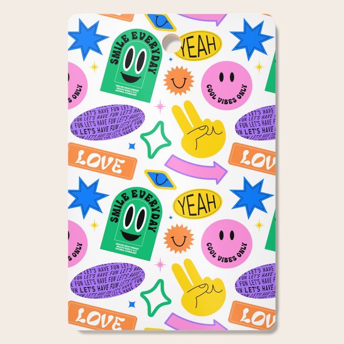 Retro funny sticker label cartoon pattern Cutting Board Gallery Image 1
