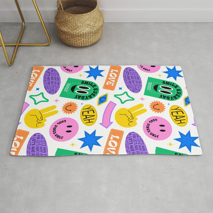 Retro funny sticker label cartoon pattern Rug Gallery Image 1