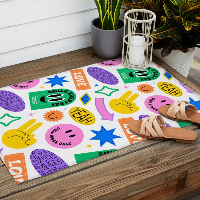 Retro funny sticker label cartoon pattern Outdoor Rug Gallery Image 2