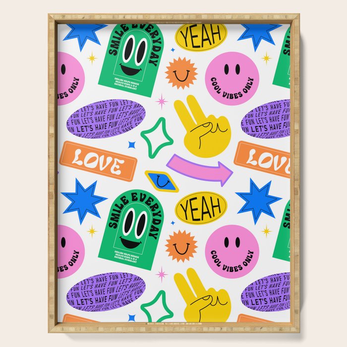 Retro funny sticker label cartoon pattern Serving Tray Gallery Image 1