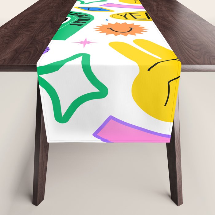 Retro funny sticker label cartoon pattern Table Runner Gallery Image 1
