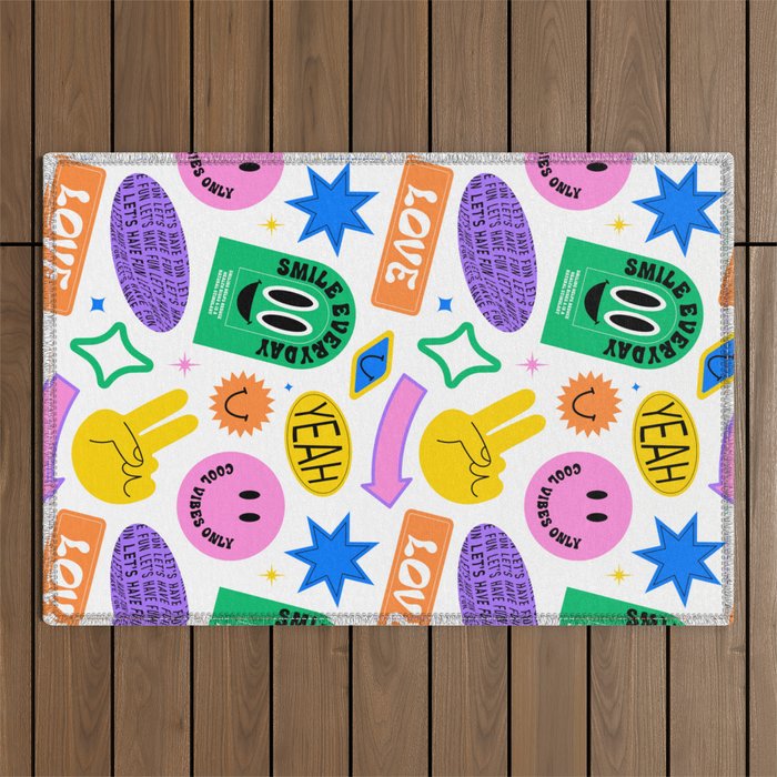 Retro funny sticker label cartoon pattern Outdoor Rug Gallery Image 1