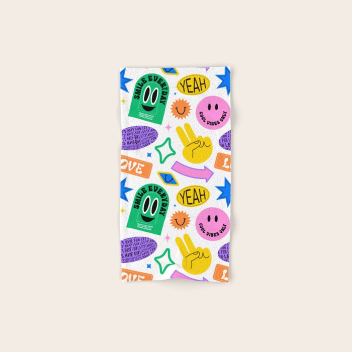Retro funny sticker label cartoon pattern Bath Towel Gallery Image 1