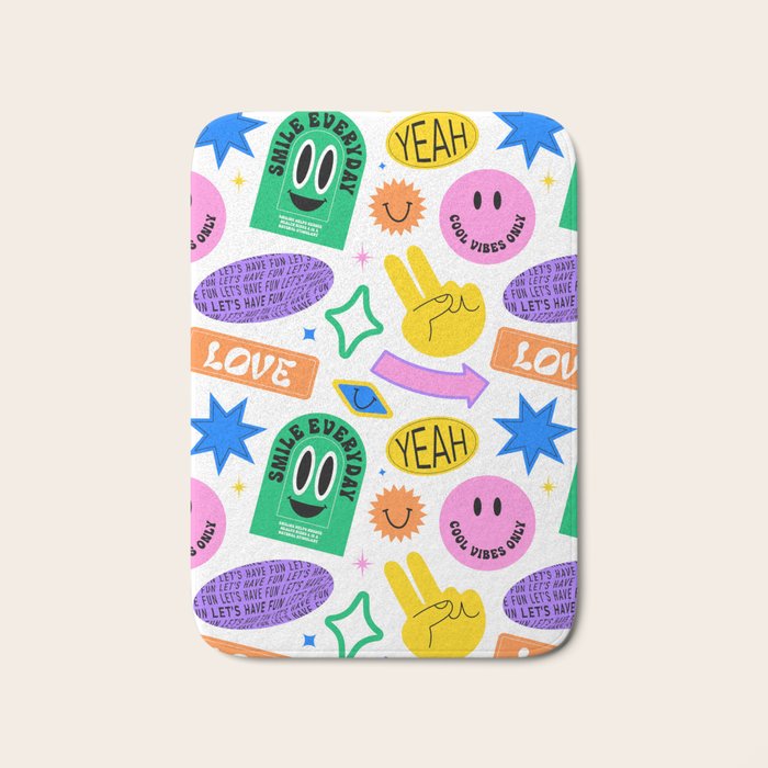 Retro funny sticker label cartoon pattern Bath Mat Gallery Image 1