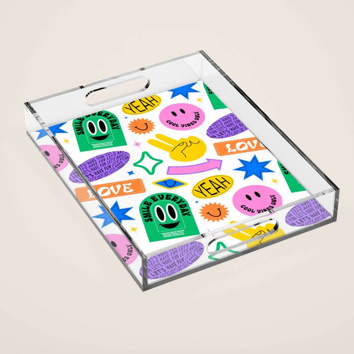 Retro funny sticker label cartoon pattern Acrylic Tray Gallery Image 1