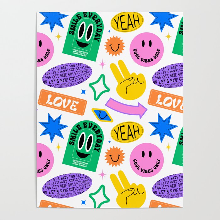 Retro funny sticker label cartoon pattern Poster Gallery Image 4