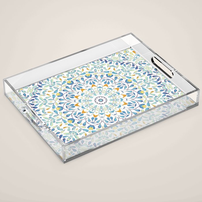 Beautiful Mint Green & White Moroccan Mandala Art Acrylic Tray Gallery Image 1