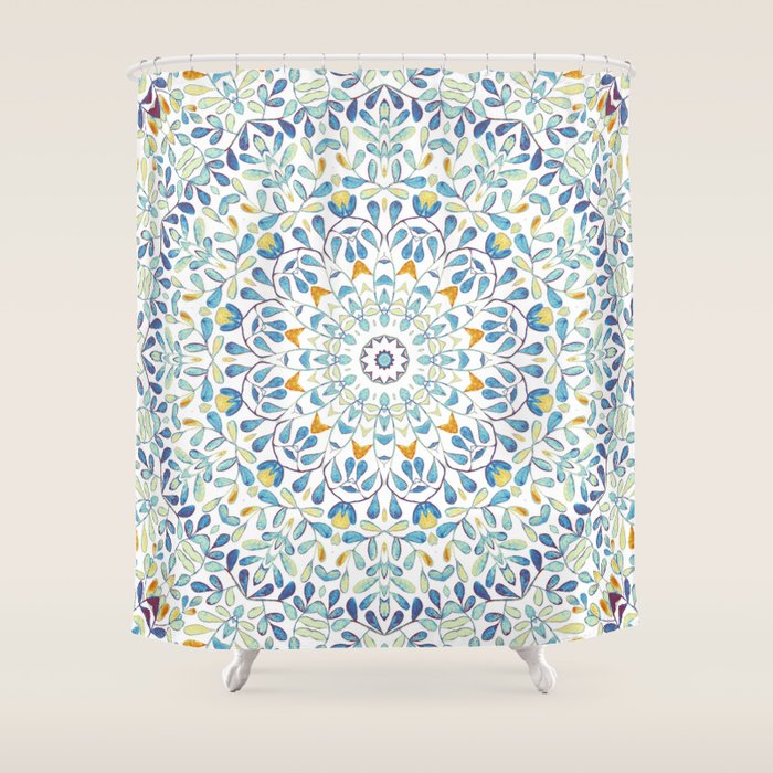Beautiful Mint Green & White Moroccan Mandala Art Shower Curtain Gallery Image 1