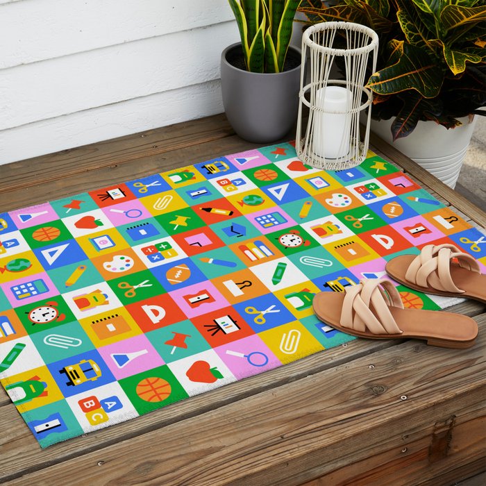 Colorful back to school geometric mosaic pattern Outdoor Rug Gallery Image 2