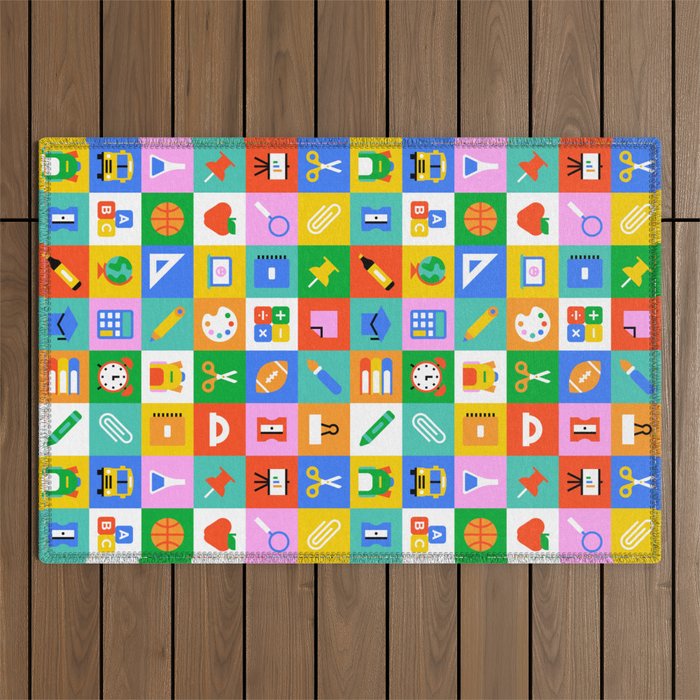 Colorful back to school geometric mosaic pattern Outdoor Rug Gallery Image 1