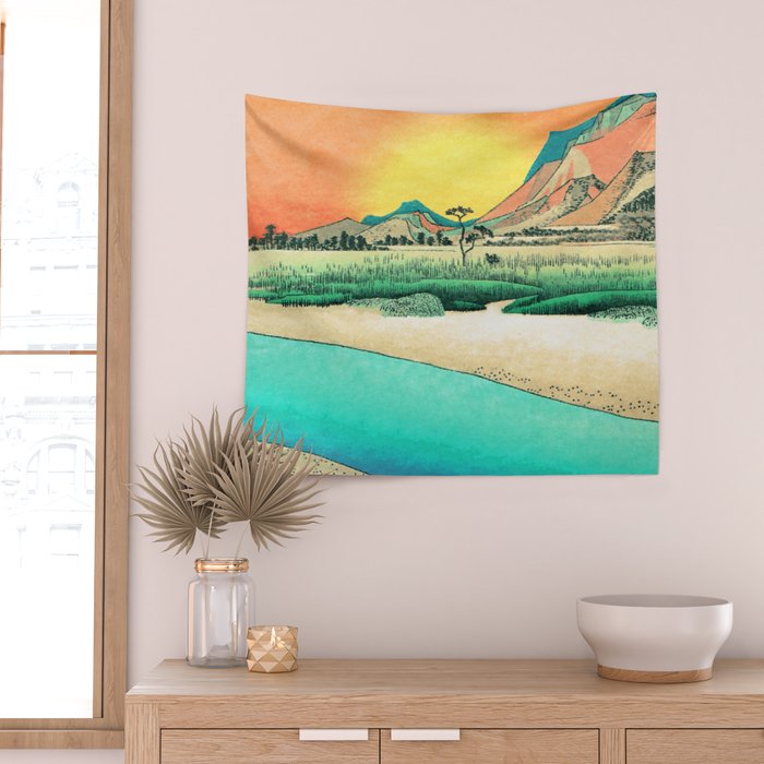 Sunrise at Shinzenn - Nature Ukiyo Landscape in Green, Blue and Orange Wall Tapestry Gallery Image 2