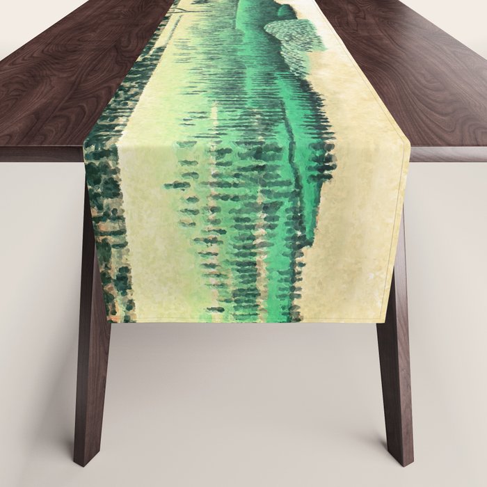 Sunrise at Shinzenn - Nature Ukiyo Landscape in Green, Blue and Orange Table Runner Gallery Image 1