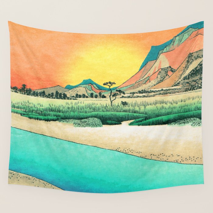 Sunrise at Shinzenn - Nature Ukiyo Landscape in Green, Blue and Orange Wall Tapestry Gallery Image 1