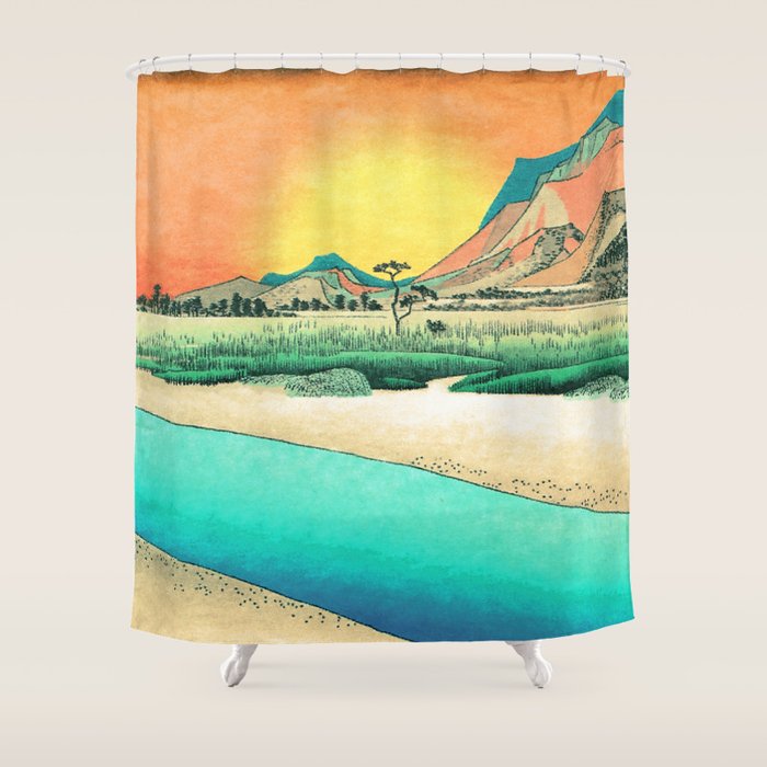 Sunrise at Shinzenn - Nature Ukiyo Landscape in Green, Blue and Orange Shower Curtain Gallery Image 1