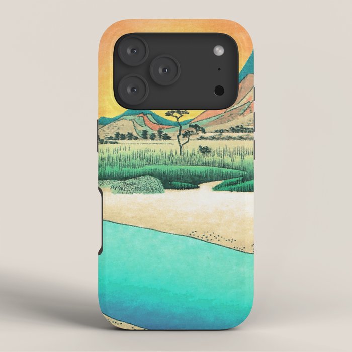 Sunrise at Shinzenn - Nature Ukiyo Landscape in Green, Blue and Orange iPhone Case Gallery Image 3