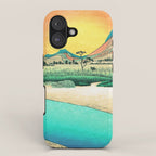Sunrise at Shinzenn - Nature Ukiyo Landscape in Green, Blue and Orange iPhone Case Gallery Image 1