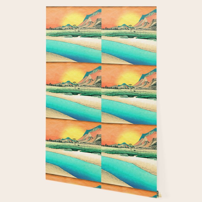 Sunrise at Shinzenn - Nature Ukiyo Landscape in Green, Blue and Orange Wallpaper Gallery Image 2