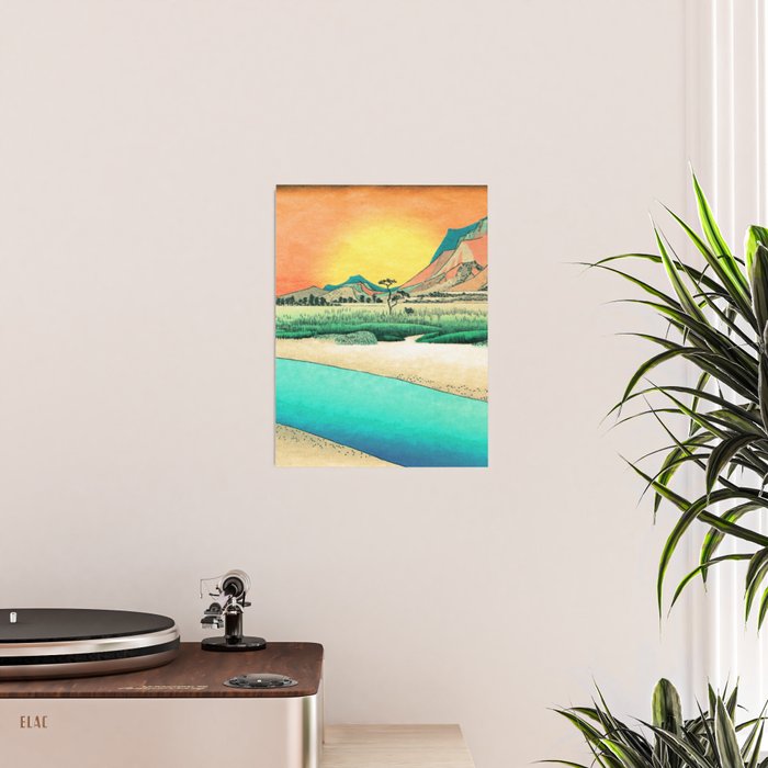 Sunrise at Shinzenn - Nature Ukiyo Landscape in Green, Blue and Orange Poster Gallery Image 2