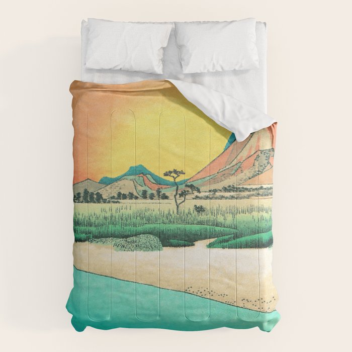 Sunrise at Shinzenn - Nature Ukiyo Landscape in Green, Blue and Orange Comforter Gallery Image 6