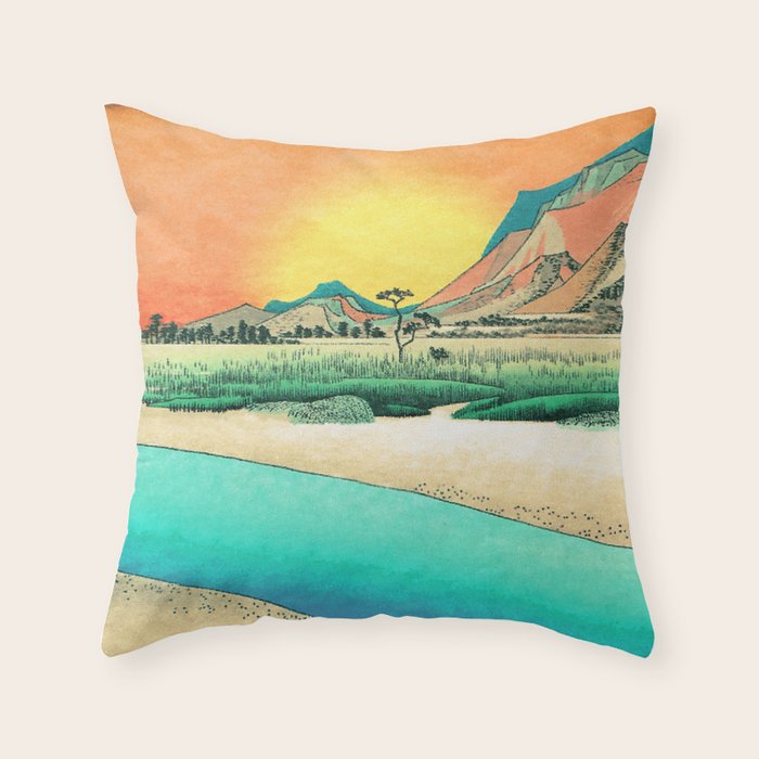 Sunrise at Shinzenn - Nature Ukiyo Landscape in Green, Blue and Orange Throw Pillow Gallery Image 6
