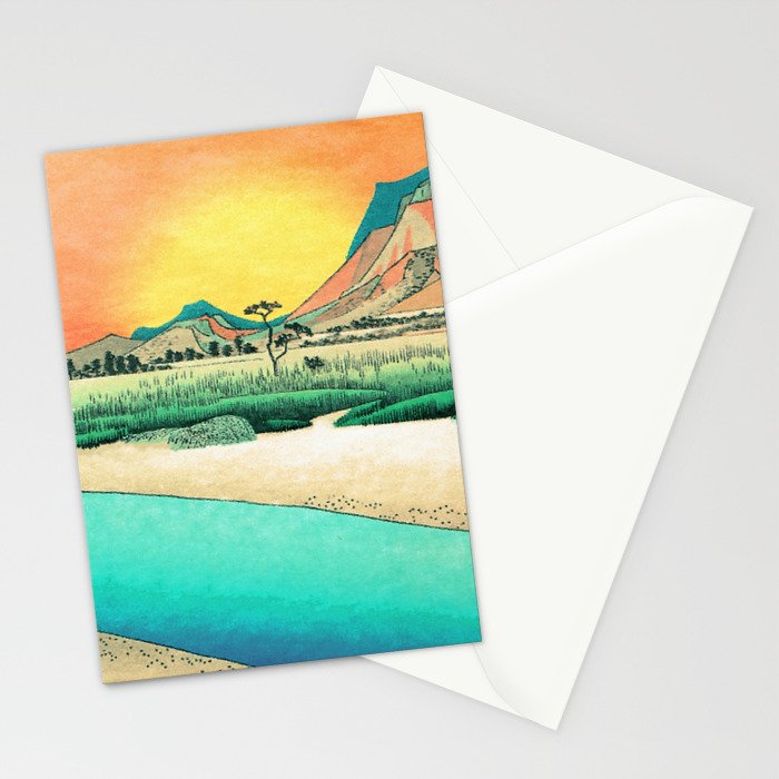 Sunrise at Shinzenn - Nature Ukiyo Landscape in Green, Blue and Orange Stationery Card Gallery Image 2