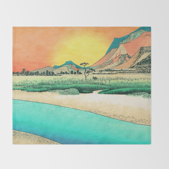 Sunrise at Shinzenn - Nature Ukiyo Landscape in Green, Blue and Orange Throw Blanket Gallery Image 2