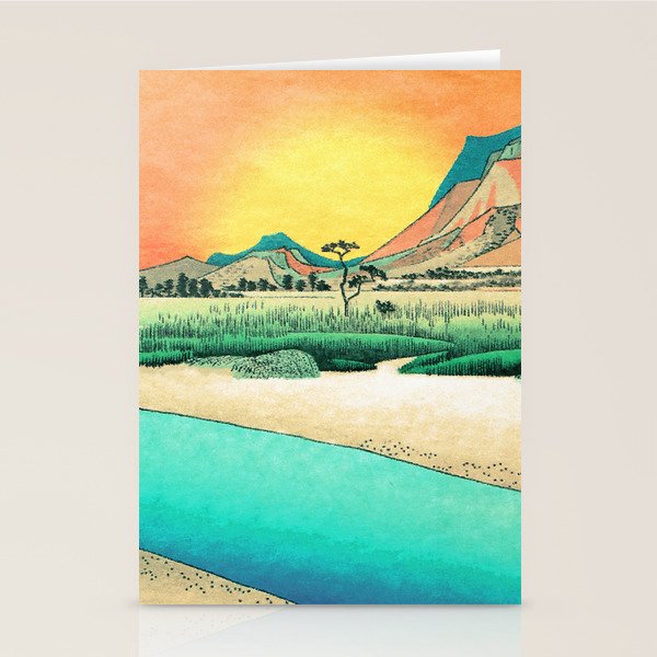Sunrise at Shinzenn - Nature Ukiyo Landscape in Green, Blue and Orange Stationery Card Gallery Image 2
