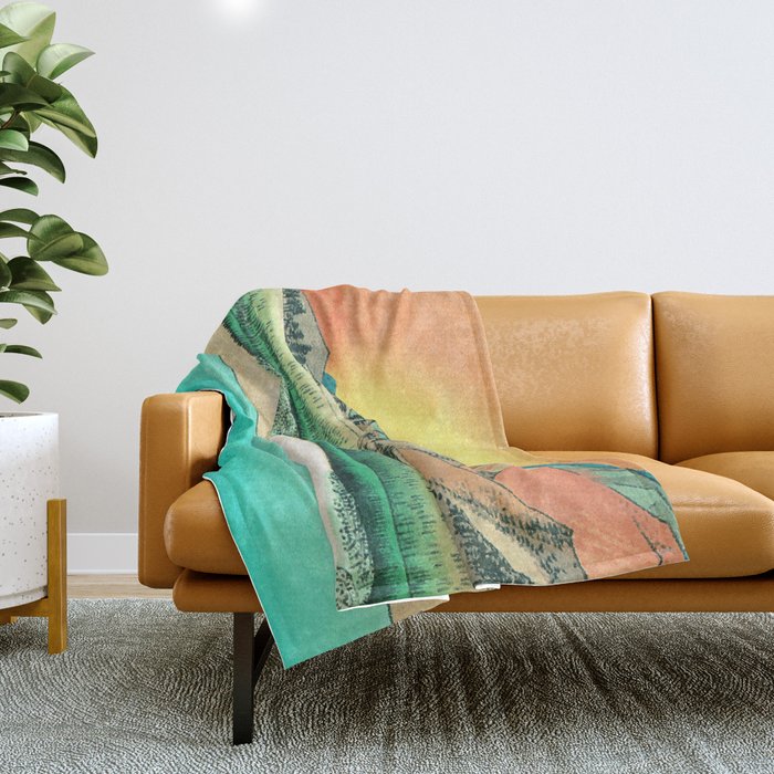 Sunrise at Shinzenn - Nature Ukiyo Landscape in Green, Blue and Orange Throw Blanket Gallery Image 1
