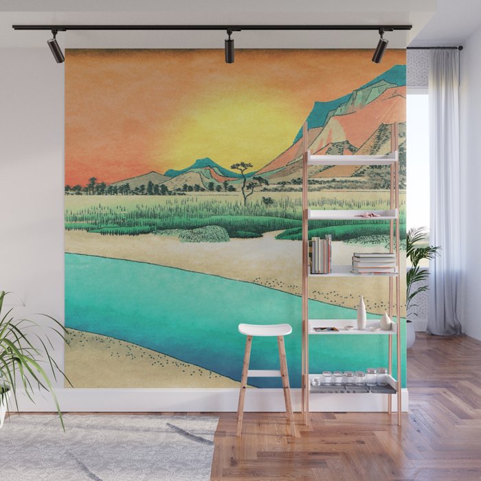 Sunrise at Shinzenn - Nature Ukiyo Landscape in Green, Blue and Orange Wall Mural Gallery Image 1