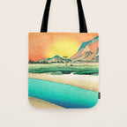Sunrise at Shinzenn - Nature Ukiyo Landscape in Green, Blue and Orange Tote Bag Gallery Image 1