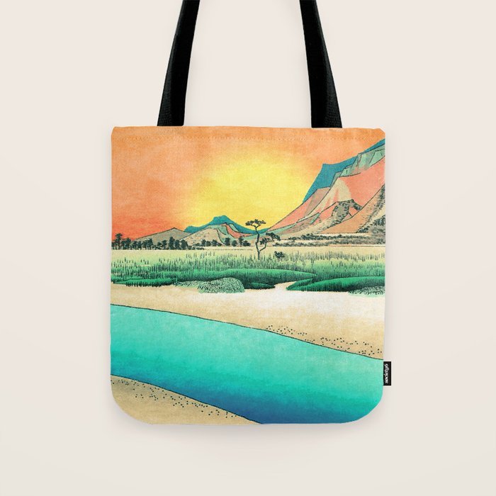 Sunrise at Shinzenn - Nature Ukiyo Landscape in Green, Blue and Orange Tote Bag Gallery Image 1