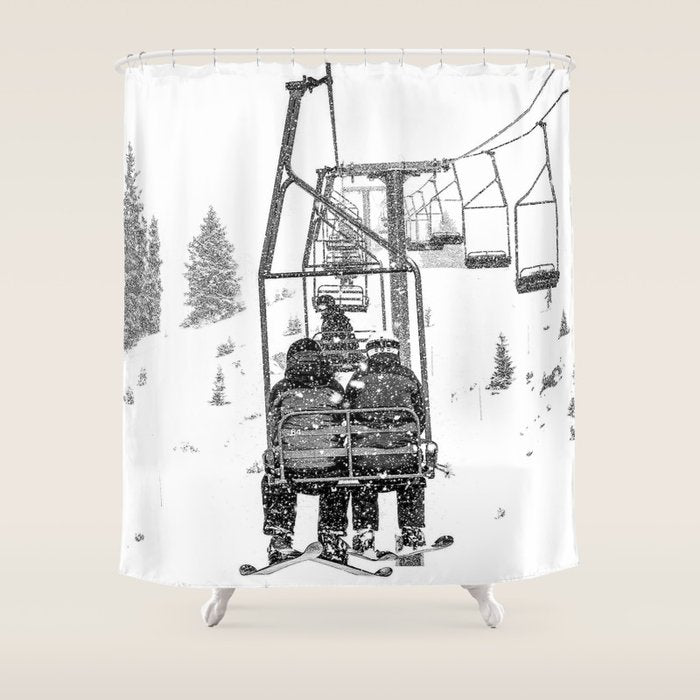 Snow Lift // Ski Chair Lift Colorado Mountains Black and White Snowboarding Vibes Photography Shower Curtain Gallery Image 1