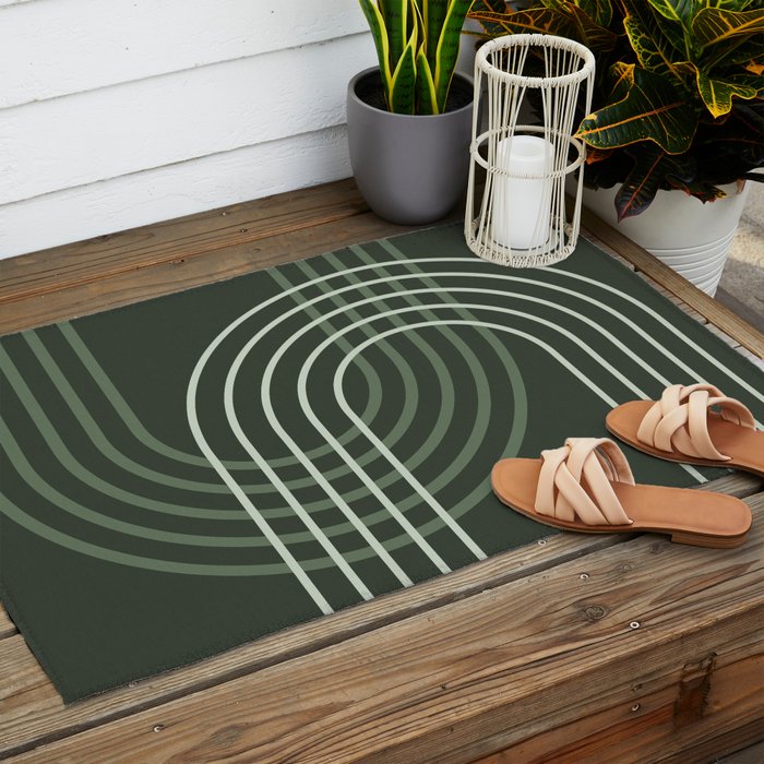 Geometric Lines Rainbow Abstract 5 in Forest Sage Green Outdoor Rug Gallery Image 2