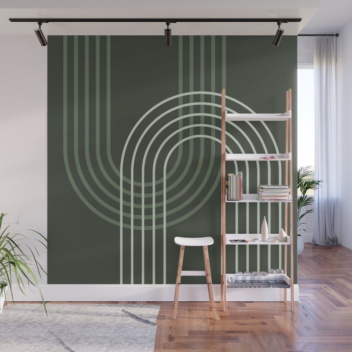 Geometric Lines Rainbow Abstract 5 in Forest Sage Green Wall Mural Gallery Image 1