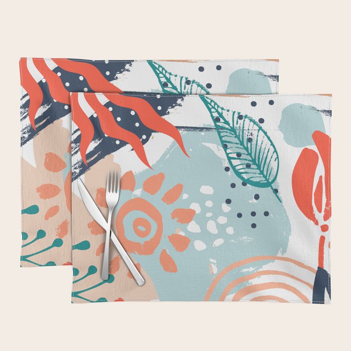 Summer Abstract, Floral Prints, Orange, Teal, Blue, Colourful Prints. Placemat Gallery Image 1