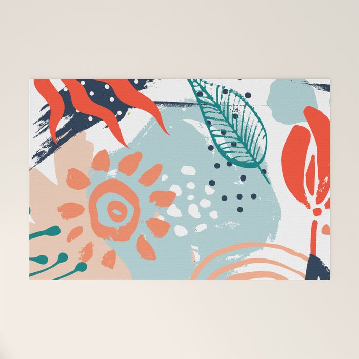 Summer Abstract, Floral Prints, Orange, Teal, Blue, Colourful Prints. Welcome Mat Gallery Image 1