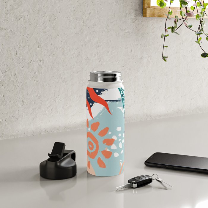 Summer Abstract, Floral Prints, Orange, Teal, Blue, Colourful Prints. Water Bottle Gallery Image 4