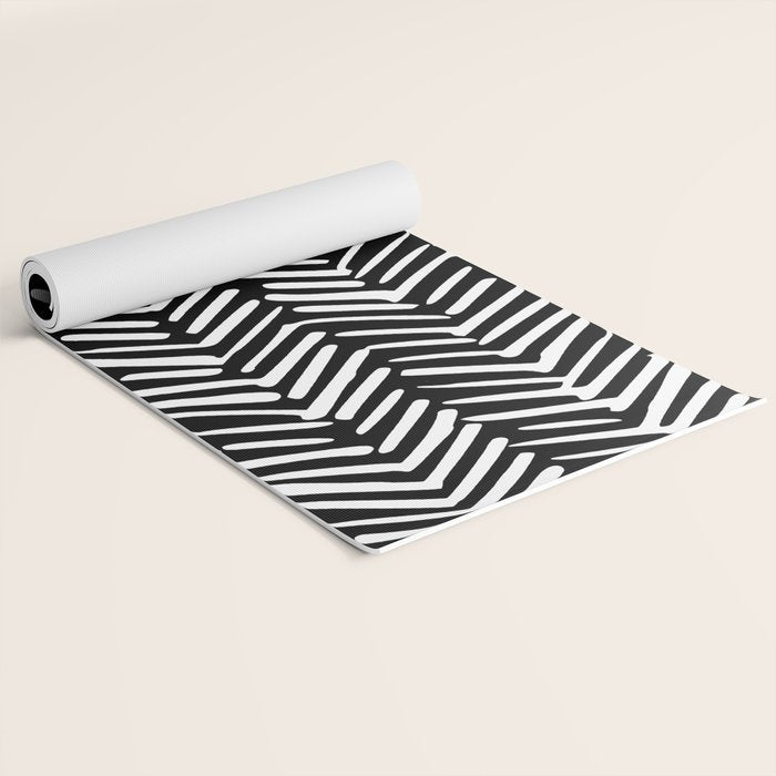 Boho, Herringbone, Geometric Art, Black and White Yoga Mat Gallery Image 2