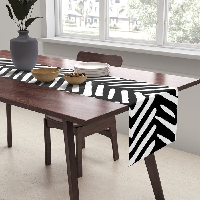 Boho, Herringbone, Geometric Art, Black and White Table Runner Gallery Image 2