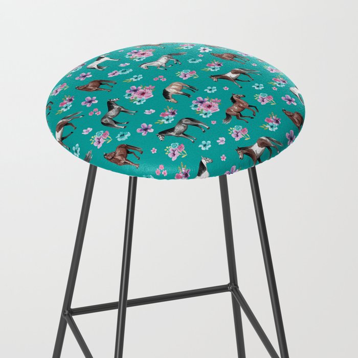 Horse Pattern, Floral Print, Turquoise, Little Girls Room, Horses Stool Gallery Image 2